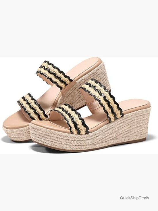 Shoes - Platform Wedge Sandals Raffia Open Toe Slides Beach Vacation Shoes